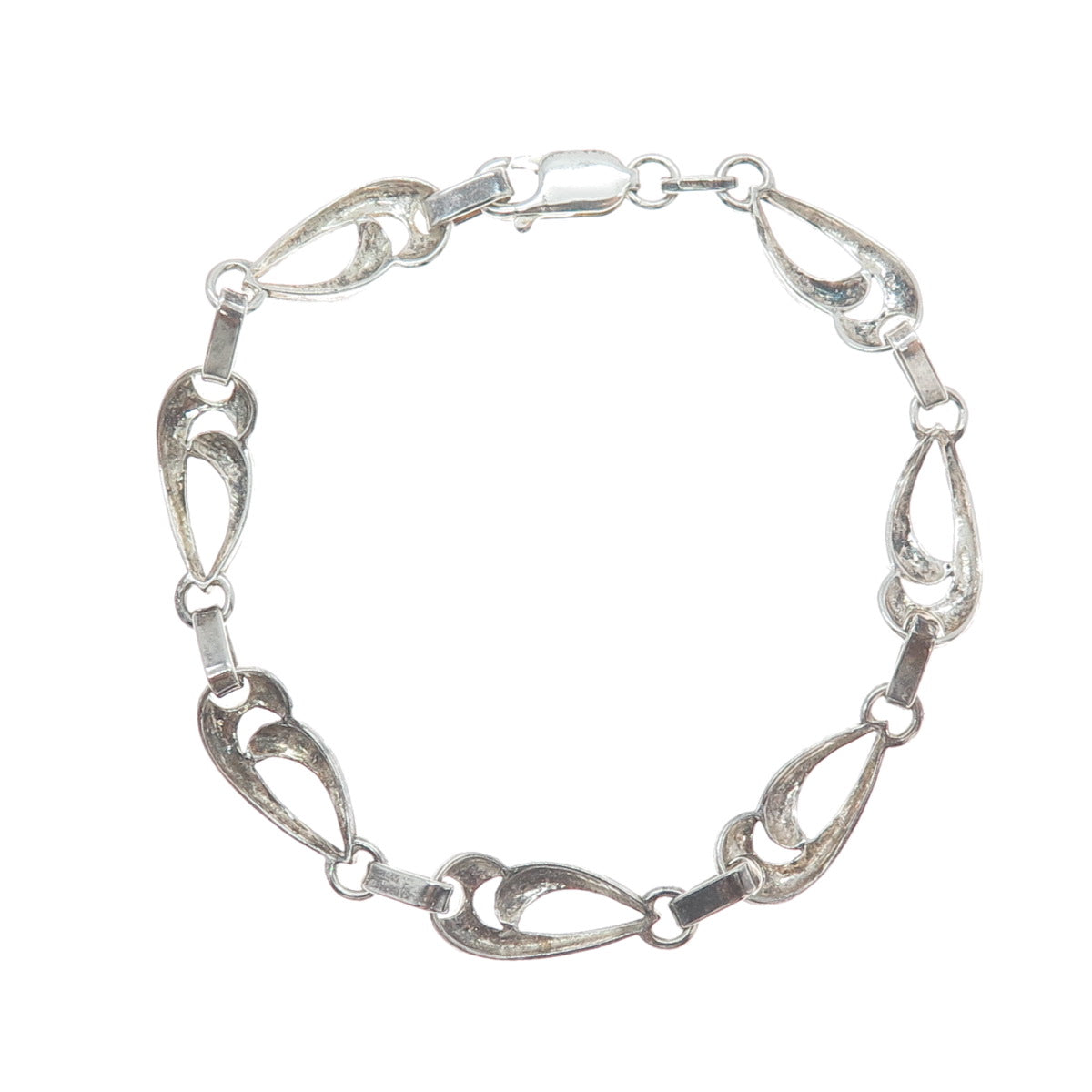 925 Sterling Silver Vintage Modernist Petal Link Oxidized Bracelet 7.5"