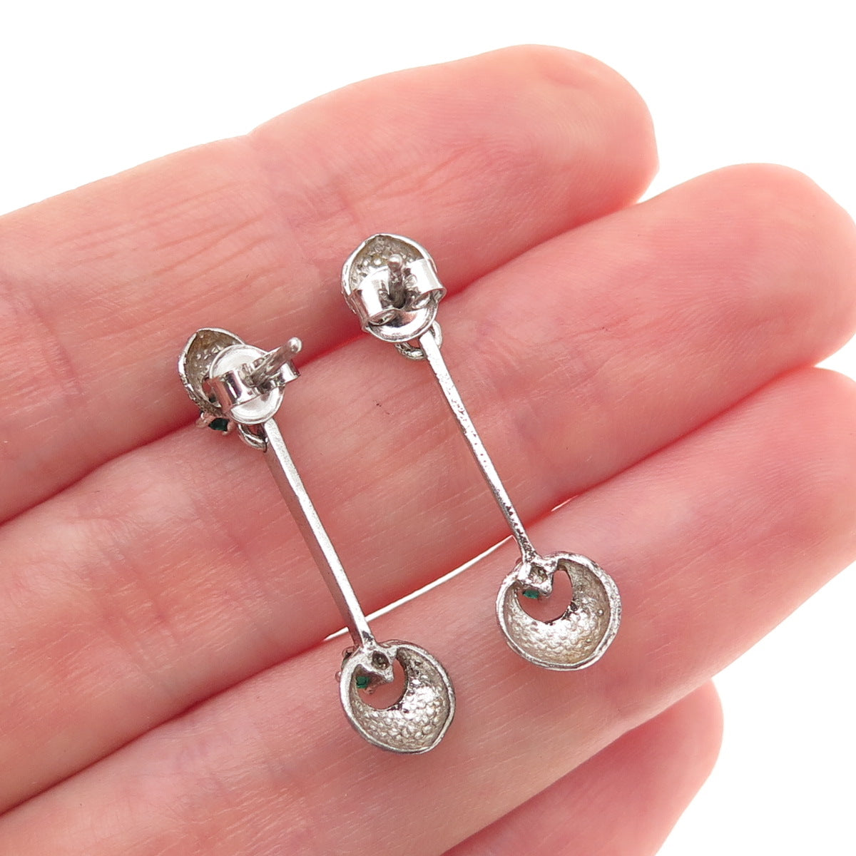 925 Sterling Silver Vintage Green Rhinestone Modernist Oxidized Dangle Earrings