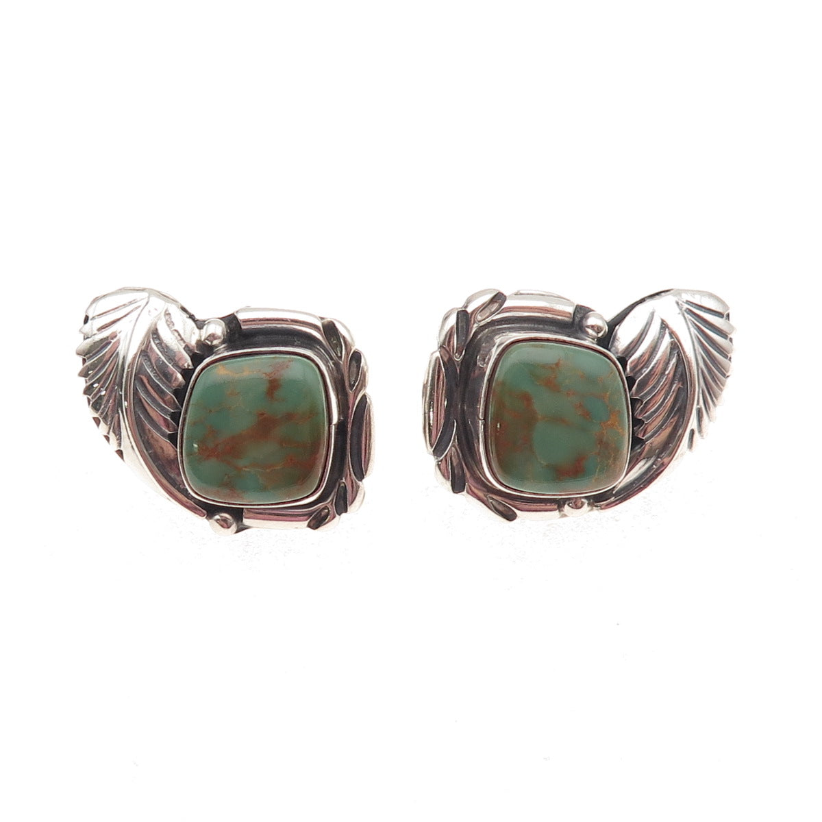 Old Pawn 925 Sterling Silver Vintage Royston Turquoise Feather Tribal Earrings