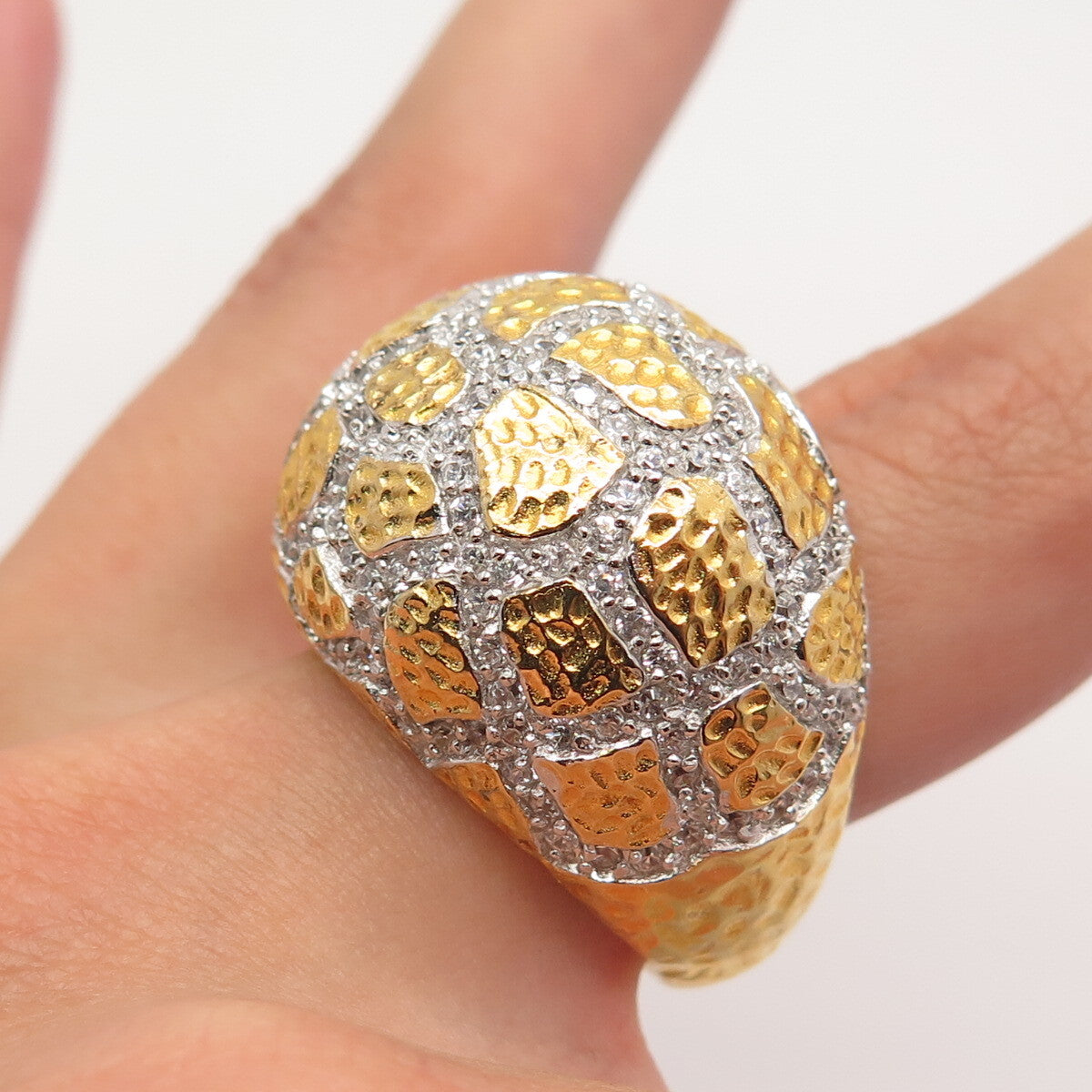 925 Sterling Silver Gold Plated Pave C Z Domed Ring Size 8.25