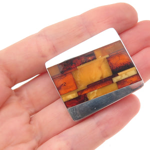925 Sterling Silver Vintage Real Amber Modernist Pin Brooch