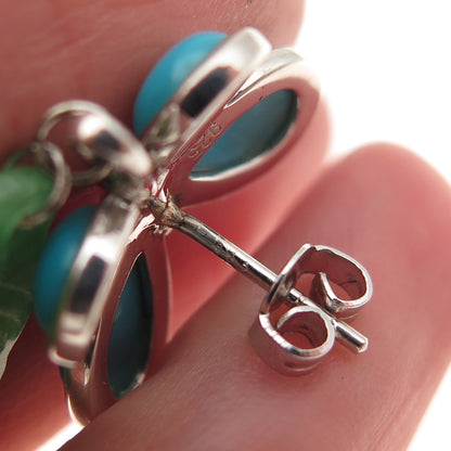 925 Sterling Silver Real Turquoise & Jade Butterfly Floral Dangle Earrings