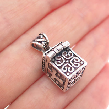 925 Sterling Silver Vintage Flower Cross Oxidized Minimalist Pill Box Pendant