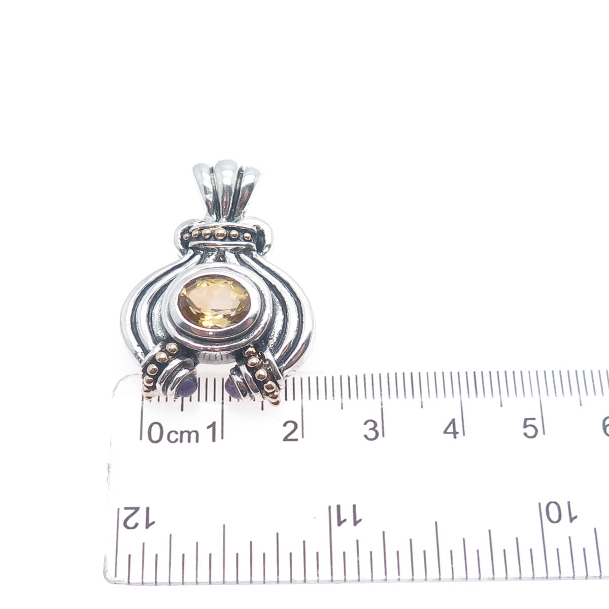 14K Gold 925 Sterling Silver Vintage Real Citrine & Amethyst Modernist Pendant
