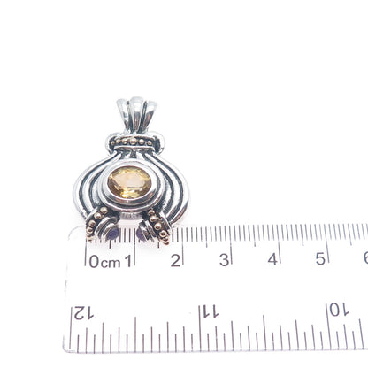 14K Gold 925 Sterling Silver Vintage Real Citrine & Amethyst Modernist Pendant