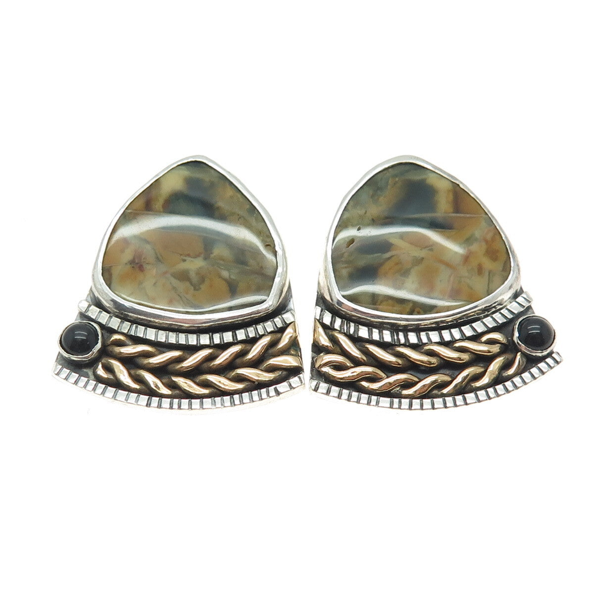 925 Sterling Silver 2-Tone Vintage Real Agate & Onyx Modernist Clip On Earrings
