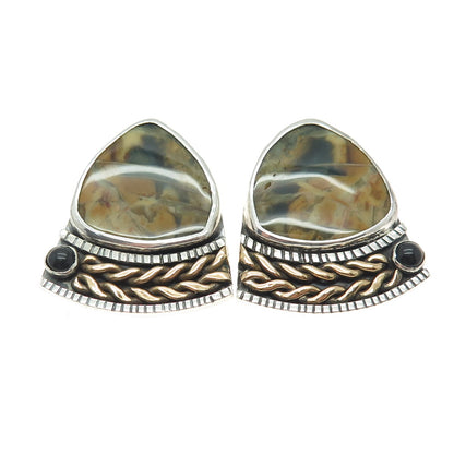 925 Sterling Silver 2-Tone Vintage Real Agate & Onyx Modernist Clip On Earrings
