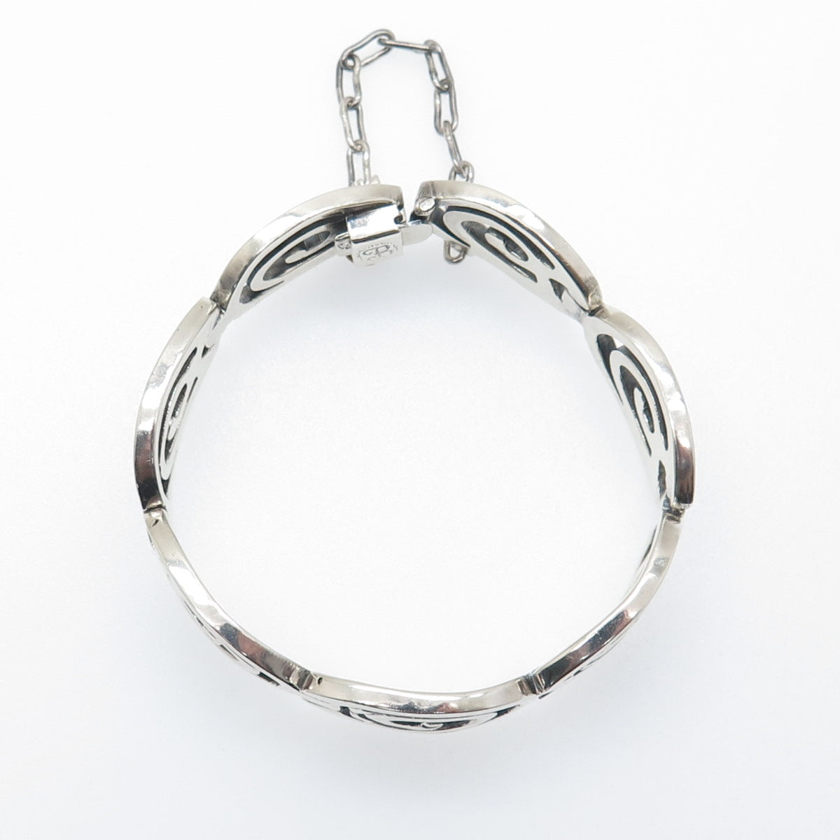925 Sterling Silver Vintage Mexico Aztec Spiral Panel Link Bracelet 6.75"