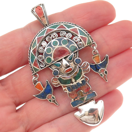 950 Silver Vintage Real Turquoise Lapis & Coral Peruvian Tumi Pendant