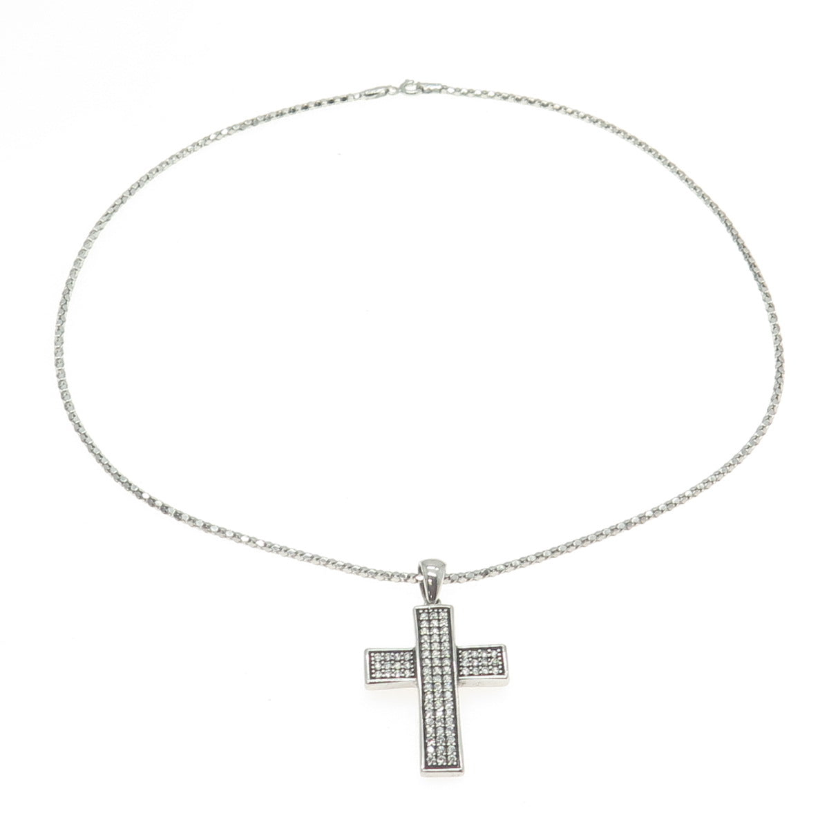 925 Sterling Silver Italy Pave C Z Cross Pendant Popcorn Chain Necklace 16"