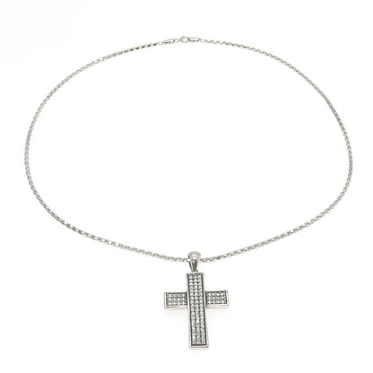 925 Sterling Silver Italy Pave C Z Cross Pendant Popcorn Chain Necklace 16"