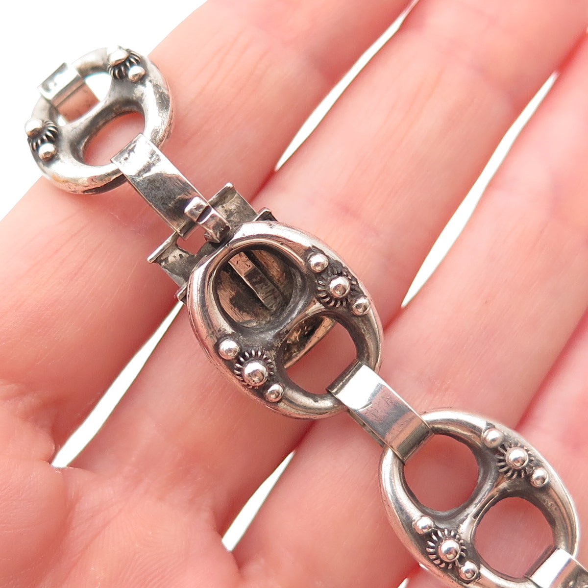 925 Sterling Silver Antique Art Deco Cannetille Anchor Link Bracelet 7.25"