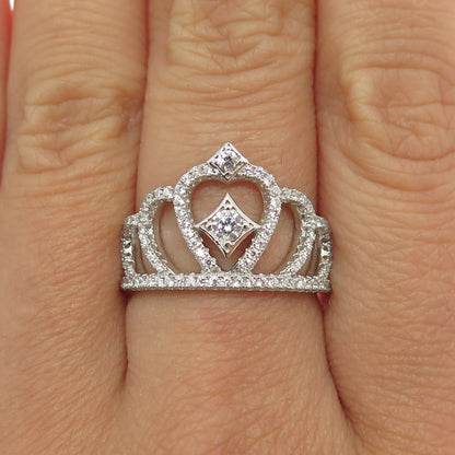 925 Sterling Silver Round-Cut Shaped C Z Crown Ring Size 8