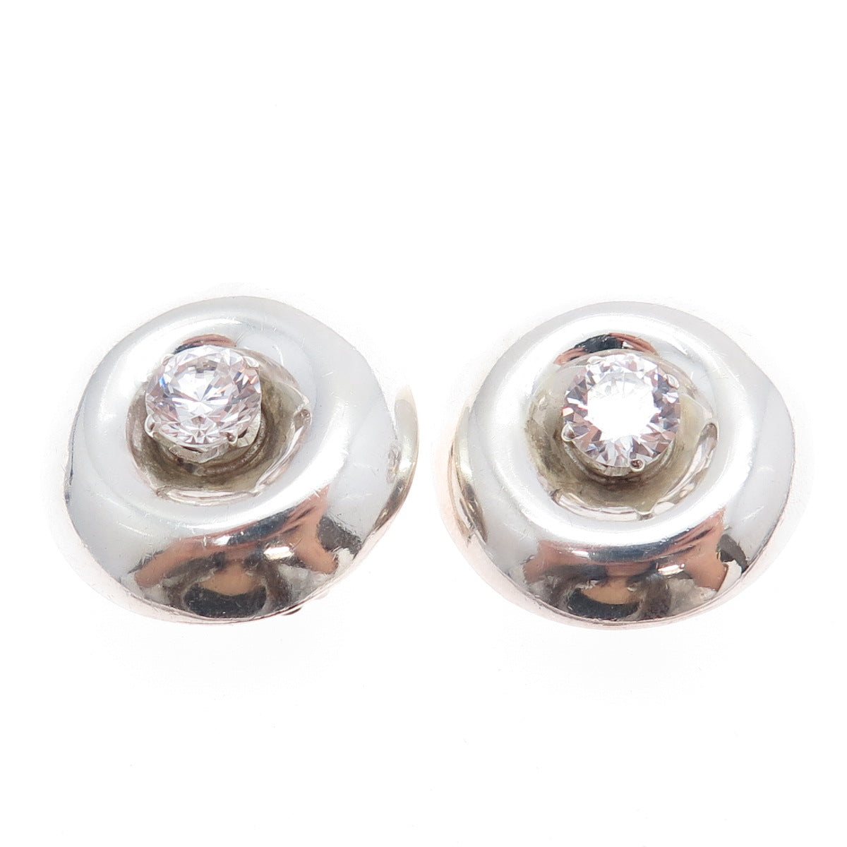 925 Sterling Silver Vintage Mexico Round-Cut C Z Modernist Clip On Earrings