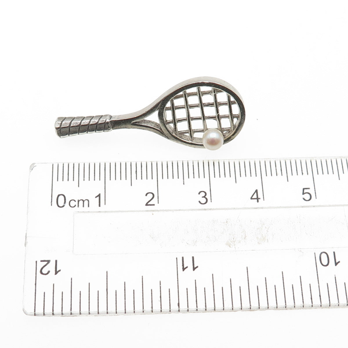 925 Sterling Silver Vintage Real Pearl Tennis Racket Tie Tack / Lapel Pin