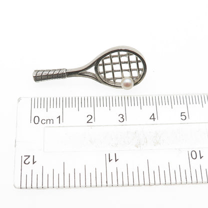 925 Sterling Silver Vintage Real Pearl Tennis Racket Tie Tack / Lapel Pin