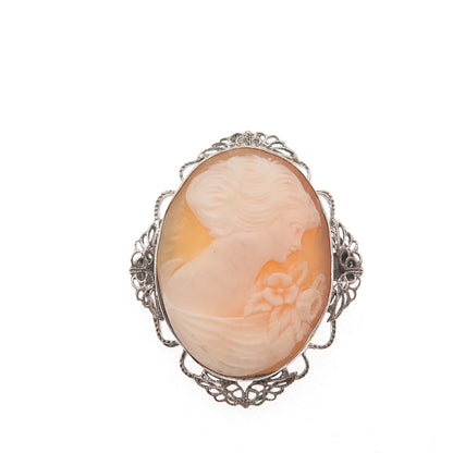 925 Sterling Silver Antique Art Deco Real MOP Lady Cameo Oxidized Pin Brooch