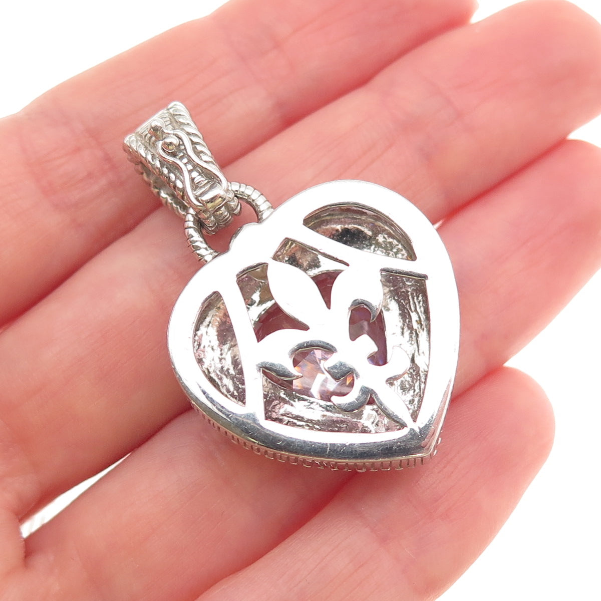 Judith Ripka 925 Sterling Silver Lavender & White C Z Heart Charm Pendant