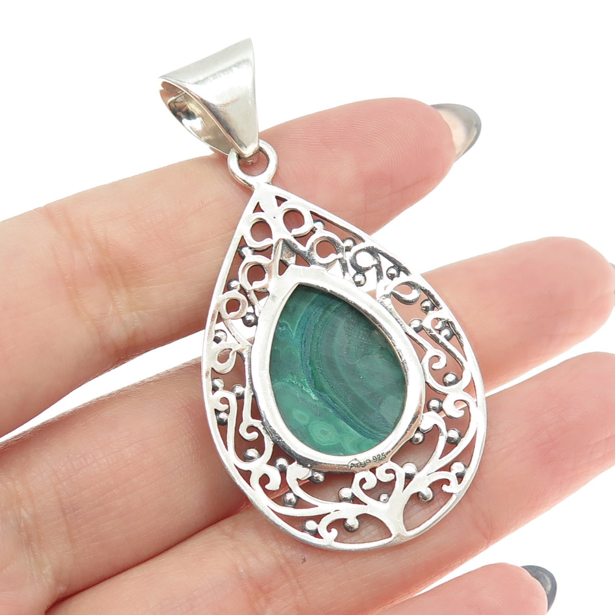 ARYA 925 Sterling Silver Vintage Real Malachite Swirl Teardrop Pendant