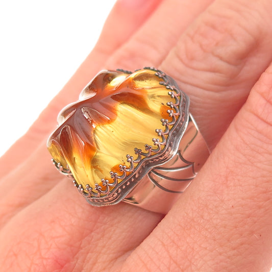 Jay King Desert Rose 925 Sterling Silver Vintage Real Amber Ring Size 7.25