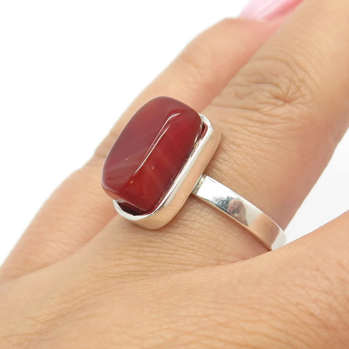925 Sterling Silver Vintage Real Red Agate Gemstone Ring Size 7.25