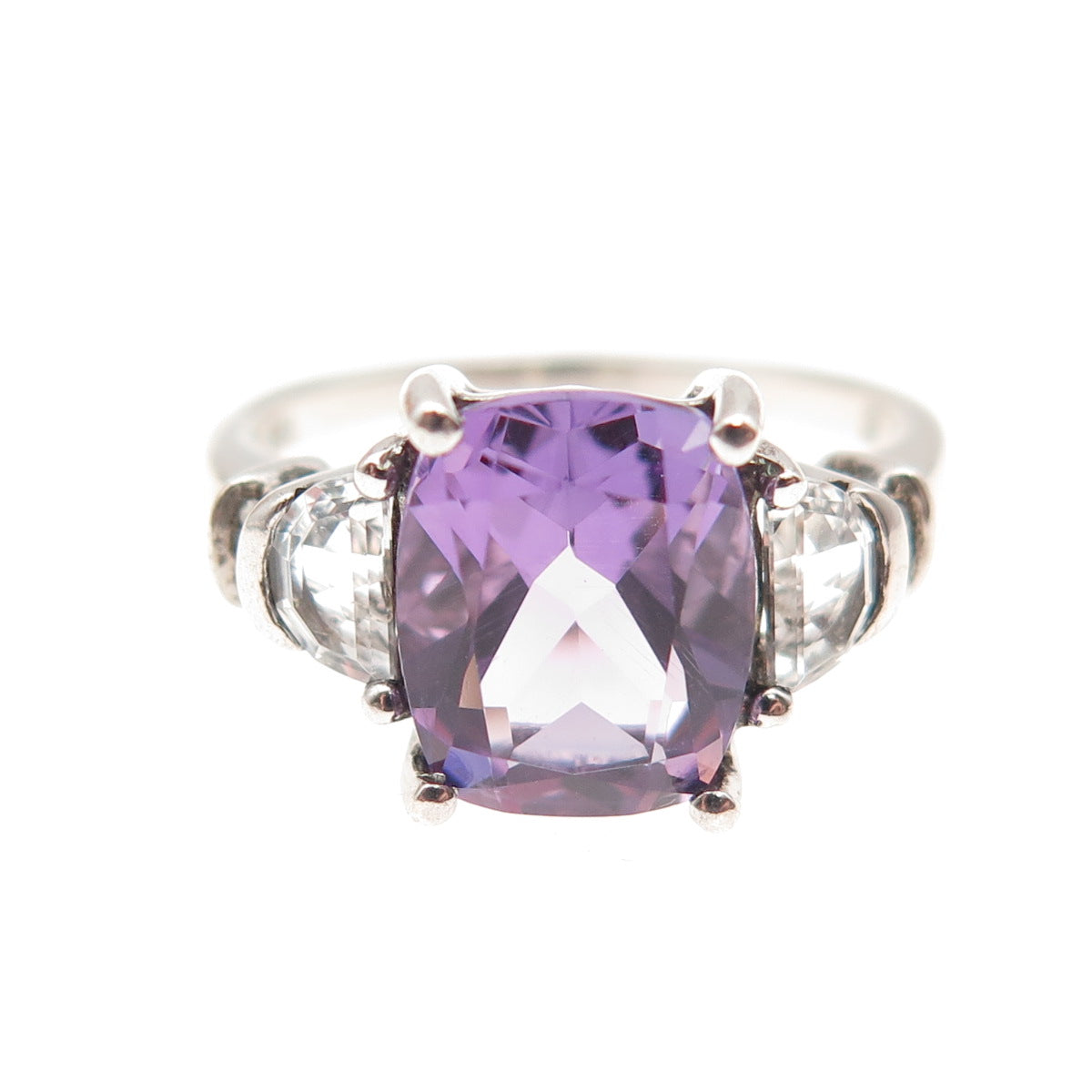 925 Sterling Silver Vintage Real Amethyst & White Topaz Ring Size 7