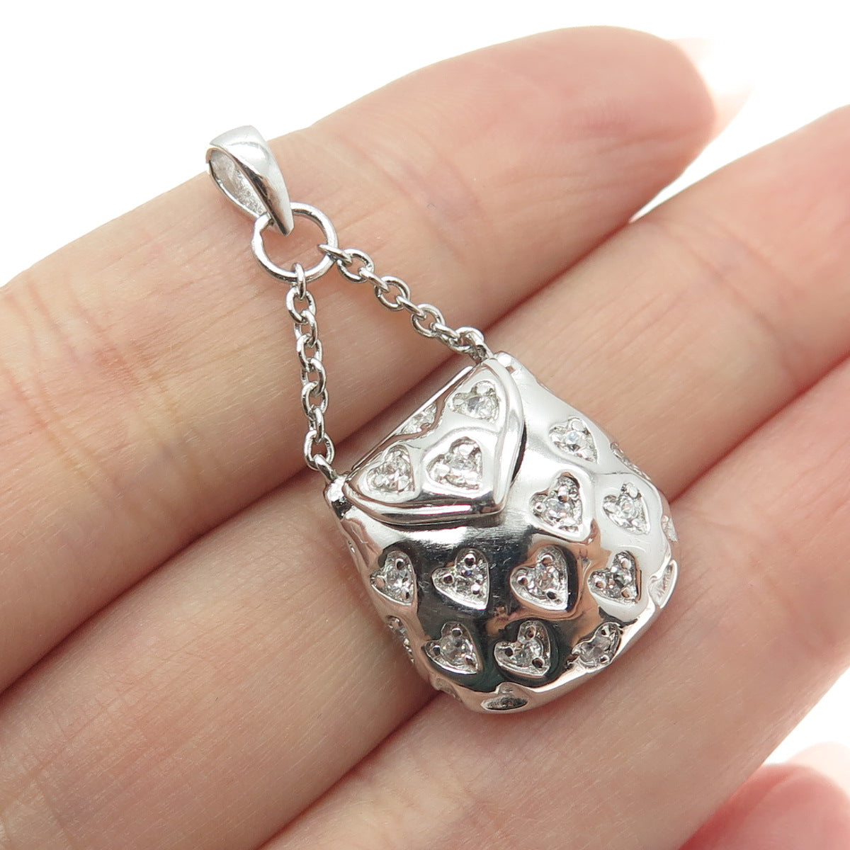 925 Sterling Silver Round-Cut C Z Ladies Heart Purse Locket Chain Charm Pendant