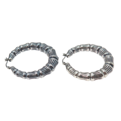 925 Sterling Silver Vintage Modernist Bamboo Oxidized Hoop Earrings