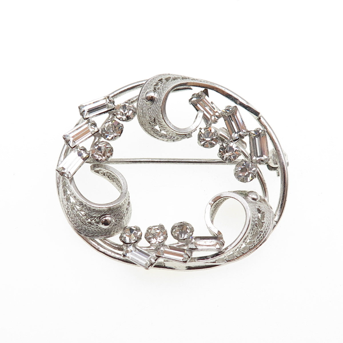 CARL ART Sterling Silver Antique Art Deco Rhinestone Floral Filigree Pin Brooch