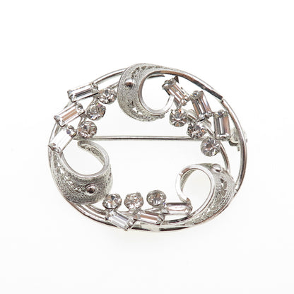 CARL ART Sterling Silver Antique Art Deco Rhinestone Floral Filigree Pin Brooch