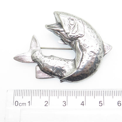 LINDA HESH 925 Sterling Silver Vintage Fish Modernist Pin Brooch