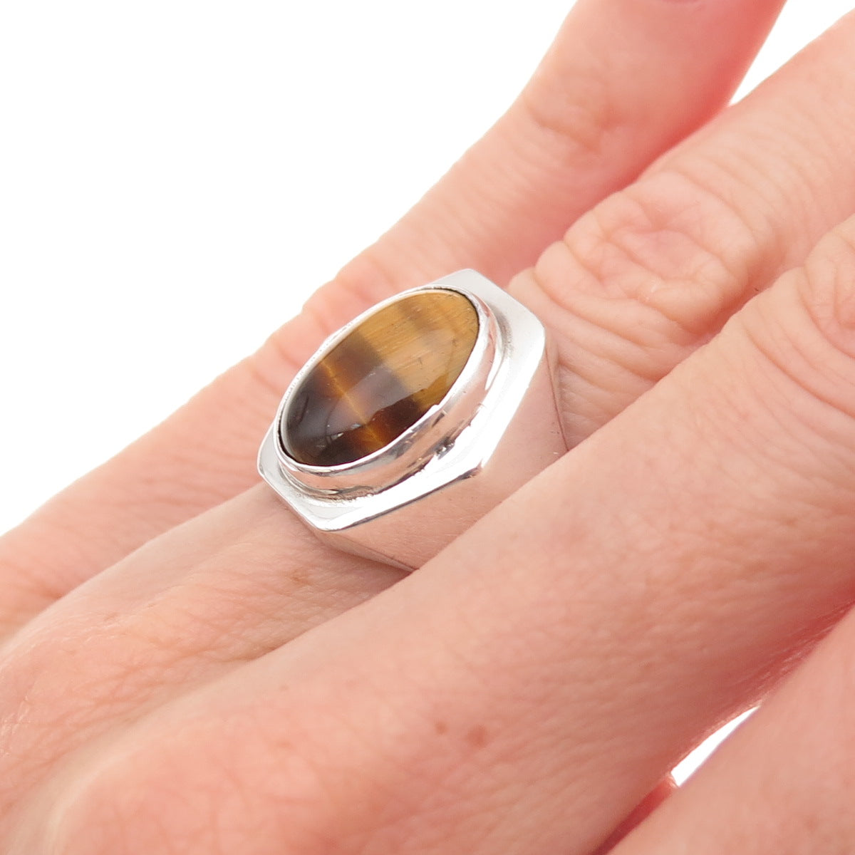 925 Sterling Silver Vintage Mexico Real Tiger Eye Modernist Ring Size 6