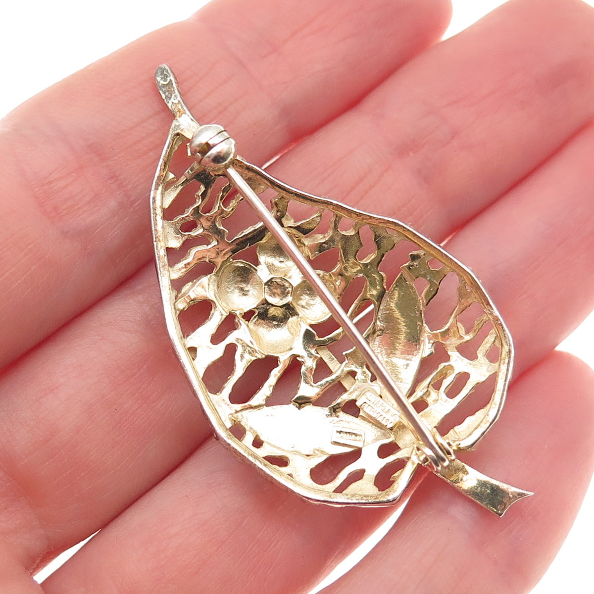 Van Lou 925 Sterling Silver 2-Tone Vintage Germany Floral Pin Brooch