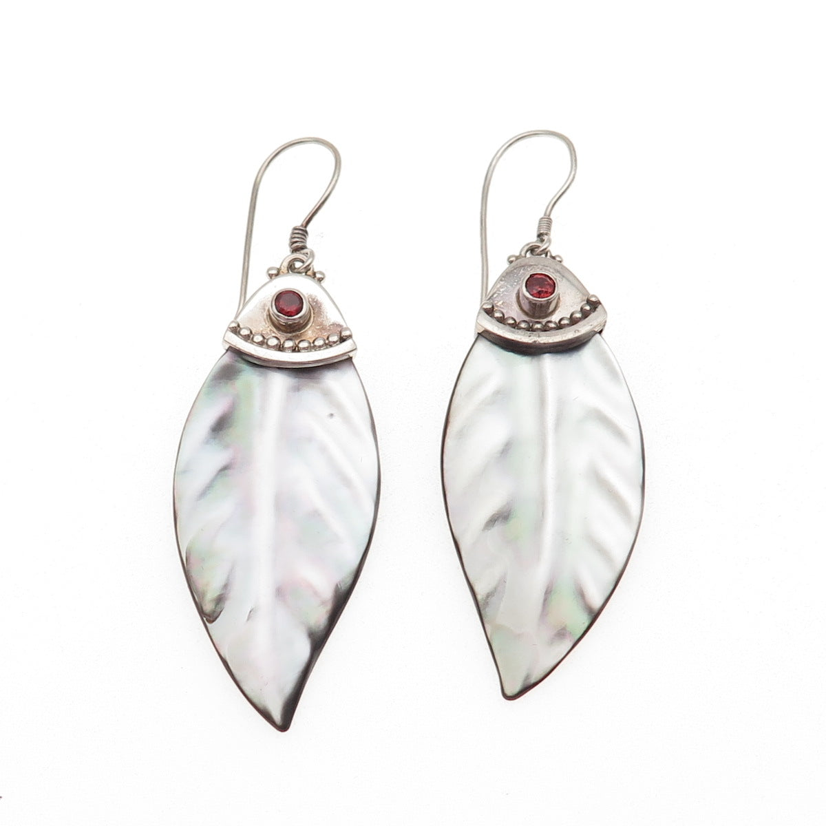 SAJEN Sterling Silver Vintage Real Abalone Shell & Garnet Floral Dangle Earrings