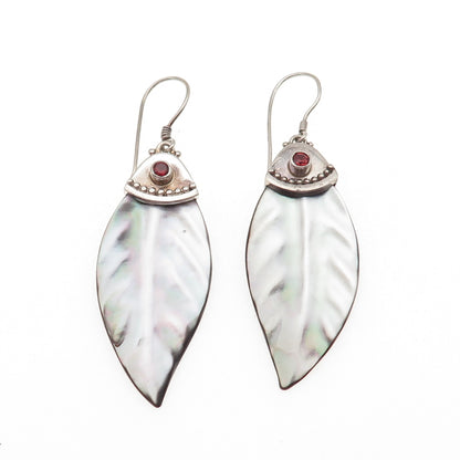 SAJEN Sterling Silver Vintage Real Abalone Shell & Garnet Floral Dangle Earrings