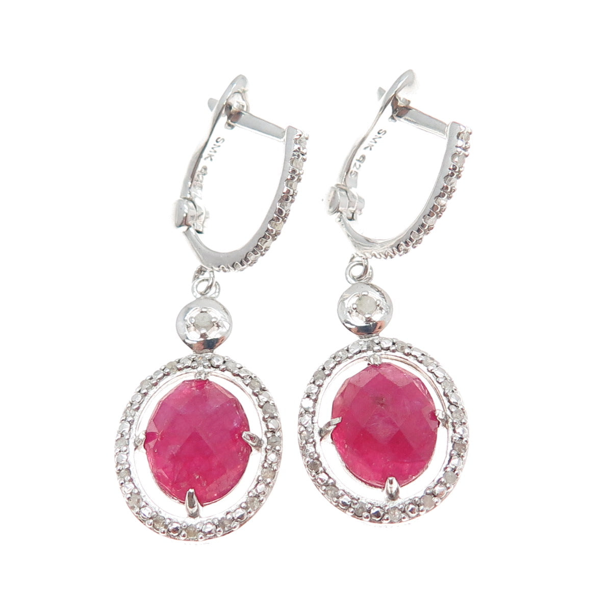 925 Sterling Silver Real Diamond & Oval-Cut Ruby Dangle Earrings