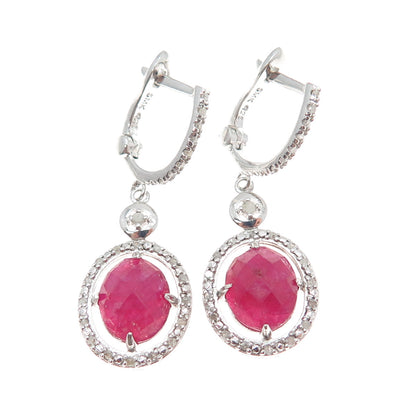 925 Sterling Silver Real Diamond & Oval-Cut Ruby Dangle Earrings