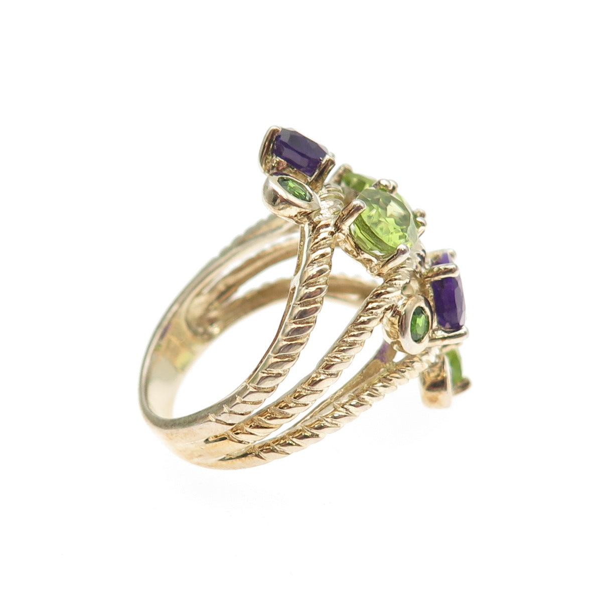 925 Sterling Silver Gold Plated Real Amethyst & Peridot Cluster Ring Size 6.25