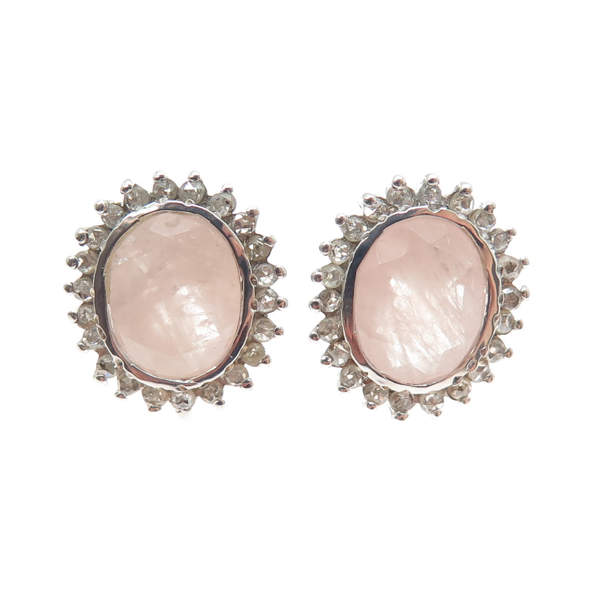 925 Sterling Silver Real Round-Cut Diamond & Oval-Cut Rose Quartz Earrings