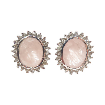 925 Sterling Silver Real Round-Cut Diamond & Oval-Cut Rose Quartz Earrings