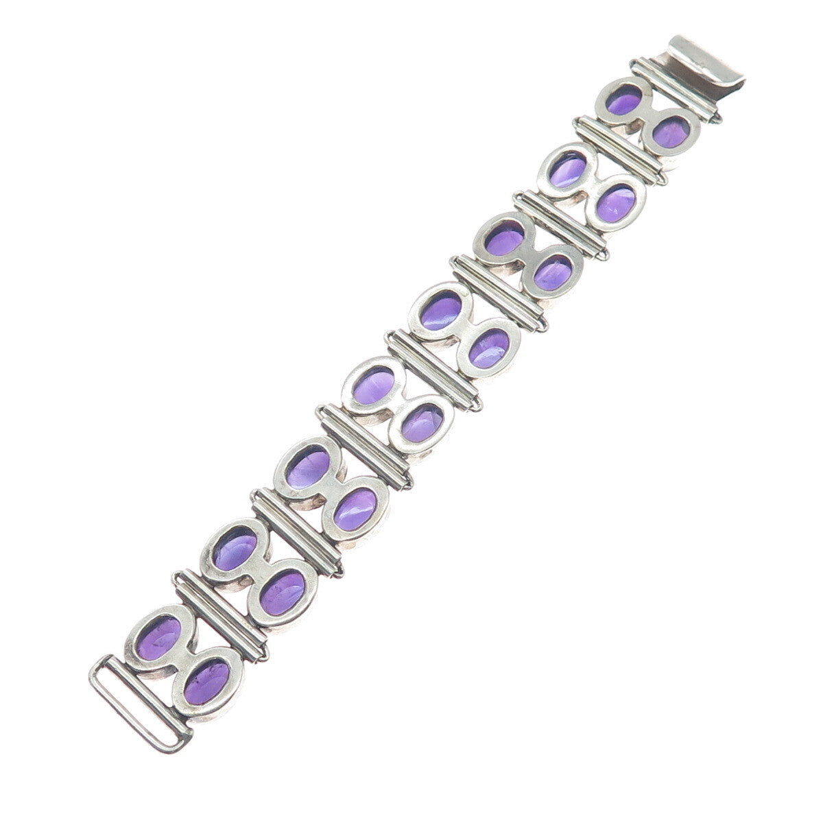 925 Sterling Silver Vintage Real Amethyst Cluster Link Solid 84.3g Bracelet 7"