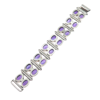 925 Sterling Silver Vintage Real Amethyst Cluster Link Solid 84.3g Bracelet 7"