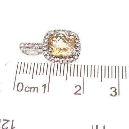 925 Sterling Silver Real Round-Cut Diamond & Cushion-Cut Citrine Charm Pendant
