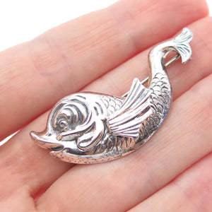BEAU 925 Sterling Silver Vintage Fish Cartoon Character Oxidized Pin Brooch