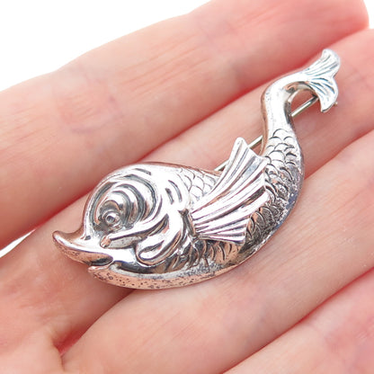 BEAU 925 Sterling Silver Vintage Fish Cartoon Character Oxidized Pin Brooch