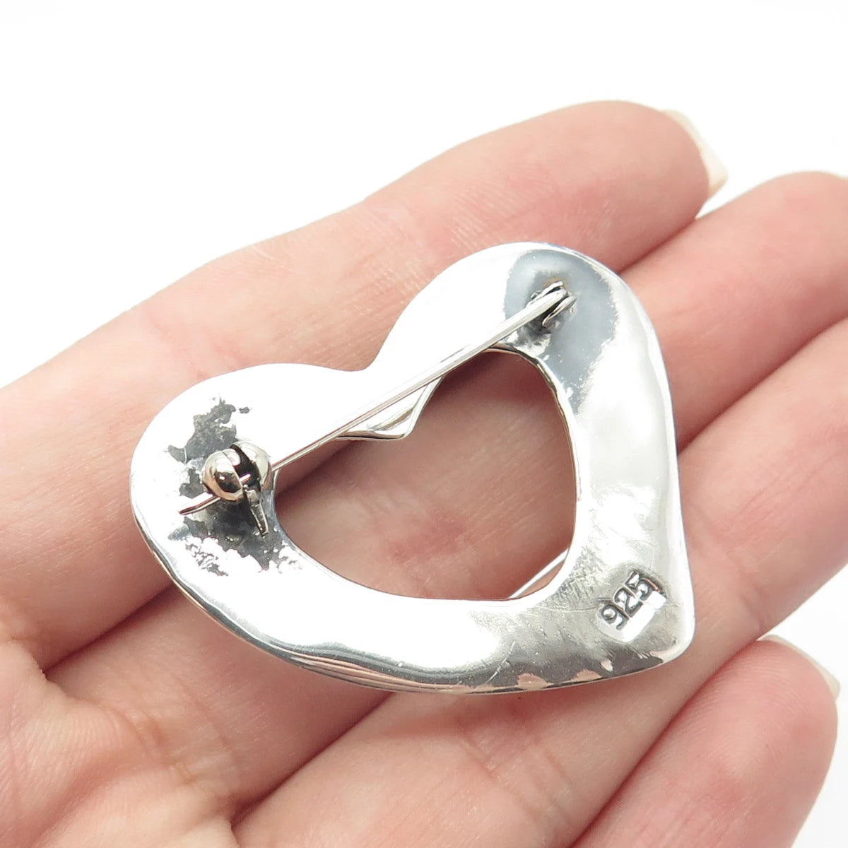 925 Sterling Silver Vintage Open Heart Pin Brooch