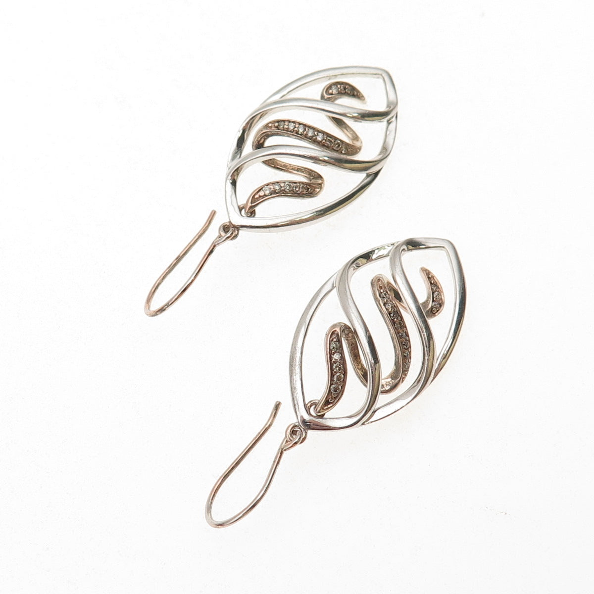925 Sterling Silver Real Round-Cut Diamond Petal Dangle Earrings