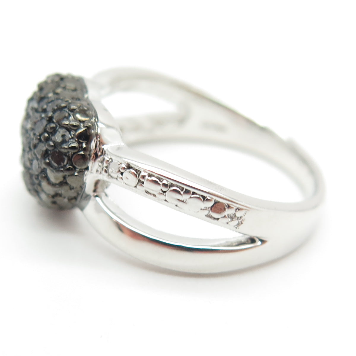 925 Sterling Silver Real Round-Cut Black Diamond Heart Ring Size 7.75