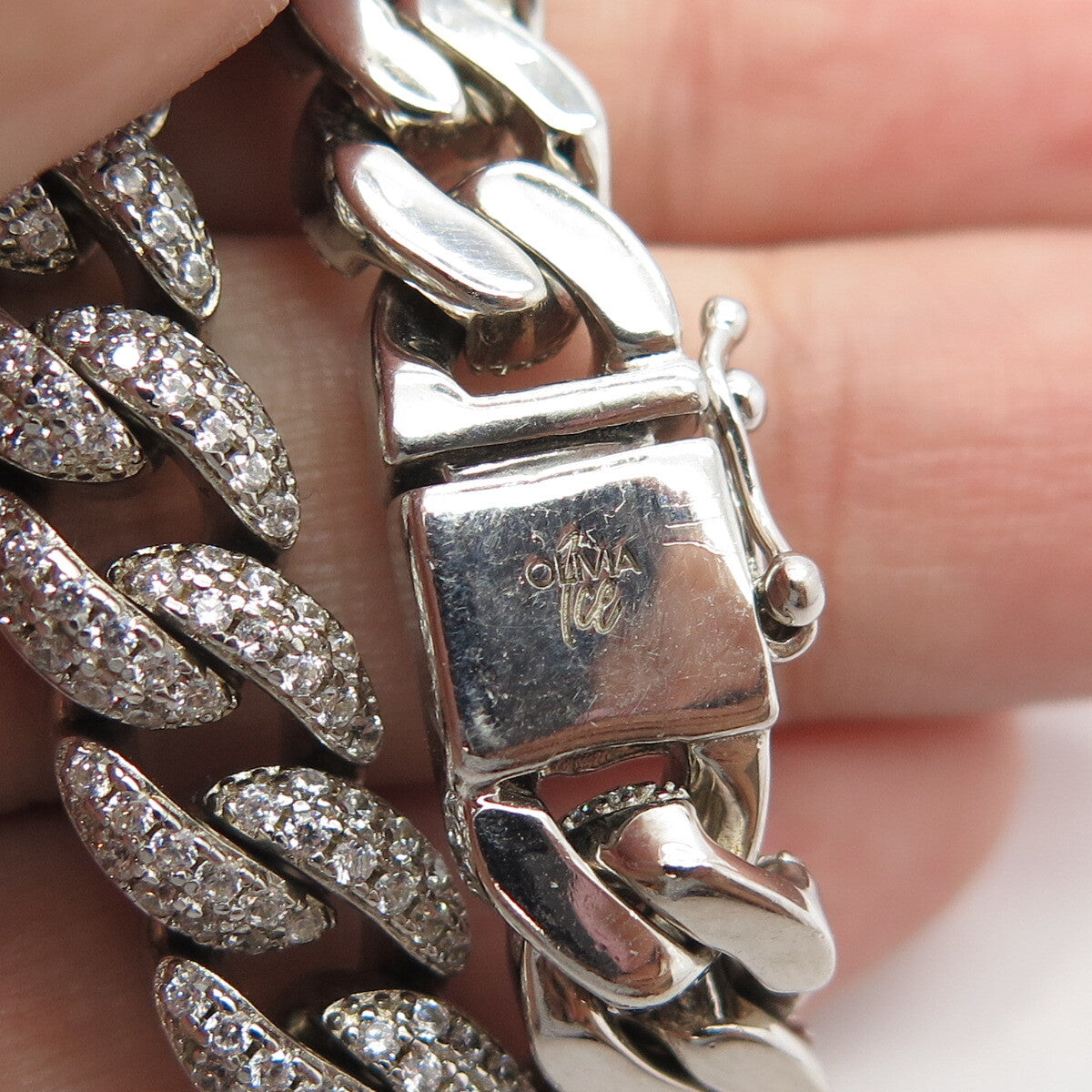 925 Sterling Silver White C Z Curb Link Bracelet 7"
