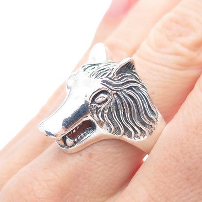 925 Sterling Silver Vintage Wolf Oxidized Adjustable Ring Size 10
